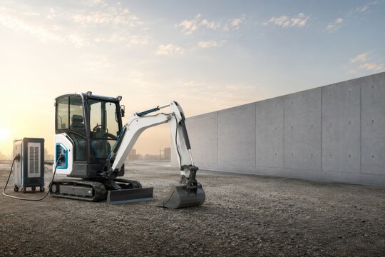 Electric Excavator Charging at Sustainable Construction Site
