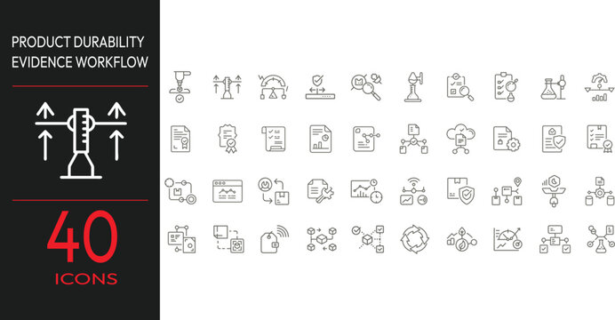 Product durability evidence workflow icons collection against white background for business analytics