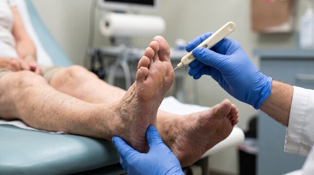 Close up of doctor's hands testing sensation on elderly patient's bare feet with monofilament tool