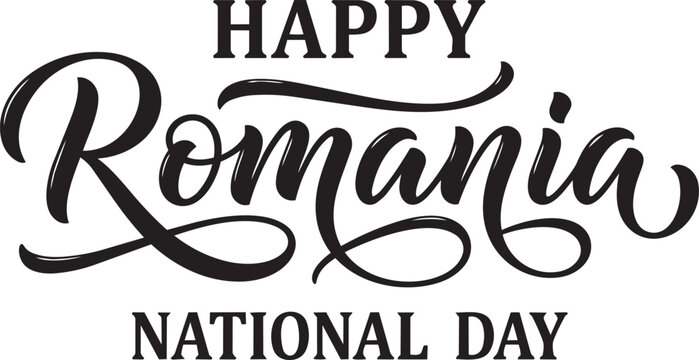 Happy Romania National Day Calligraphy with Ornamental Loops