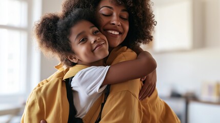 Obraz premium A happy schoolgirl hugging her smiling mother at home with a backpack