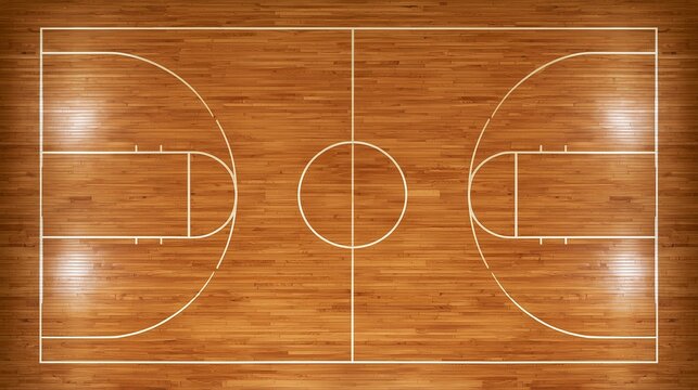 Polished maple basketball court floor top-down view with painted lines