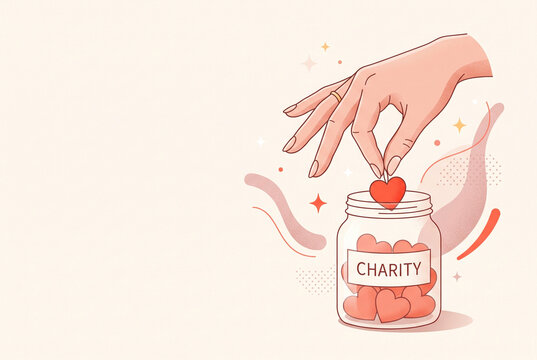 Hand placing heart into charity jar with red hearts and sparkle  
