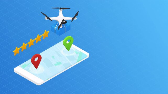 Isometric animation of a drone delivery service with smartphone navigation.