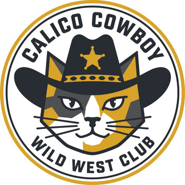 Calico cowboy wild west club circular badge logo design featuring a cute tri color cat mascot wearing a classic sheriff hat with a gold star vector