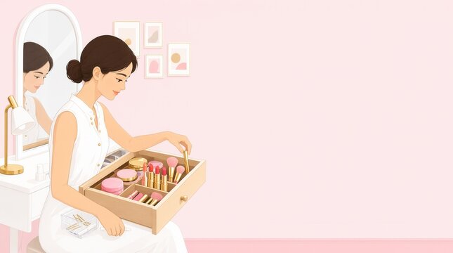 Flat vector illustration woman organizing makeup drawer with cosmetics vanity mirror pink background beauty routine domestic lifestyle scene