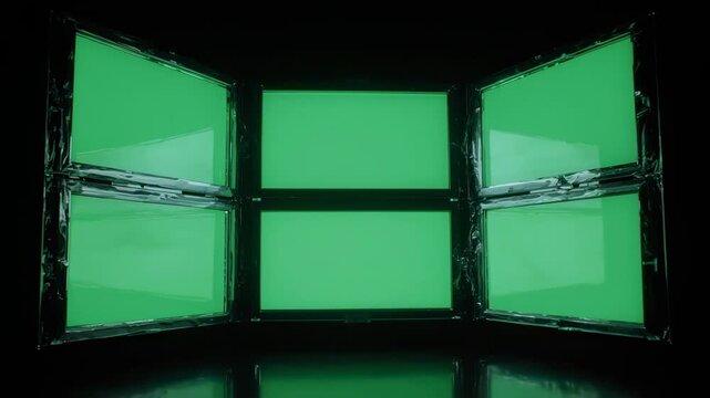 Green screen studio setup with multiple monitors and reflections