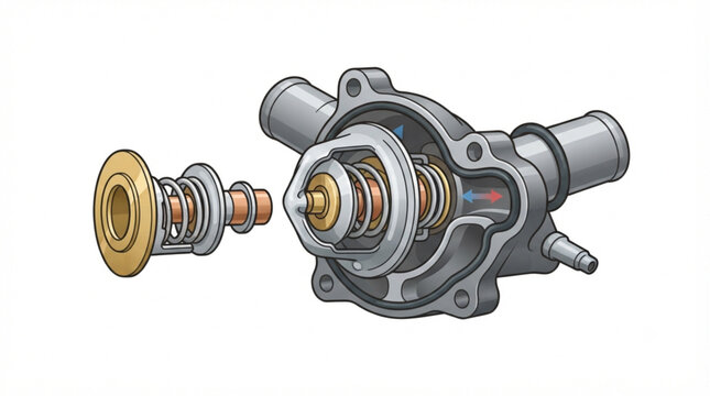 Detailed illustration of a car engine thermostat and cooling system housing component