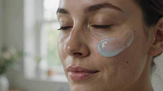 Young Woman with Blue Skincare Gel Patch on Cheek in Extreme Close Up