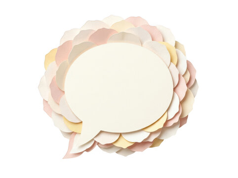 Abstract speech bubble icon made of multiple layered paper shapes in soft pastel colors like beige pink and yellow for communication and message design isolated on transparent background
