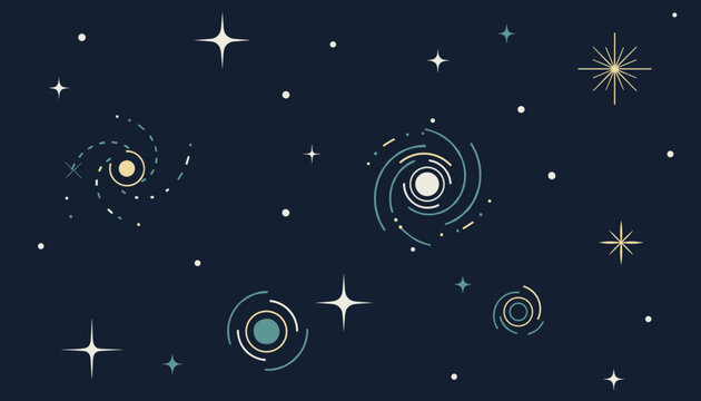 Minimalist outer space background depicting sparkling stars, twinkling planets, and spinning spiral galaxies.