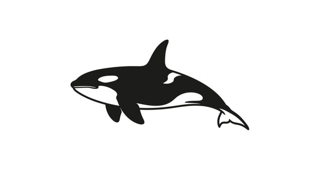 High contrast black and white graphic icon of a majestic killer orca whale swimming against a clean white background.