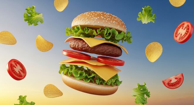 Juicy double deck burger floating with fresh ingredients in sky