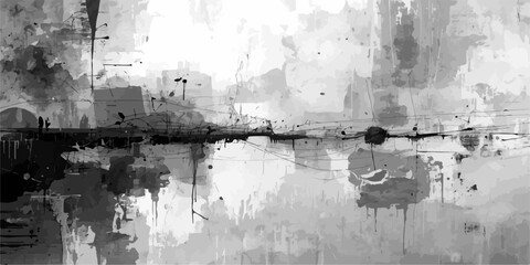 Fototapeta premium Monochromatic Cityscape Impression A painterly black and white interpretation of an urban waterfront, this evocative piece captures the essence of a city bathed in diffused light.