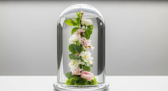 Miniature terrarium with delicate blooming flowers and green foliage
