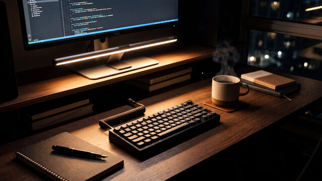 Mechanical keyboard and steaming coffee cup rest on a dark wooden desk beside a coding monitor.