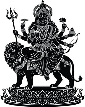 Black and white vector illustration of Hindu goddess Durga sitting on lion
