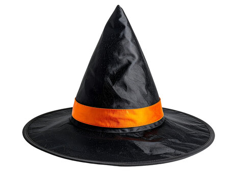 A black witch hat with an orange ribbon around the brim, perfect for Halloween parties on a transparent isolated background, PNG