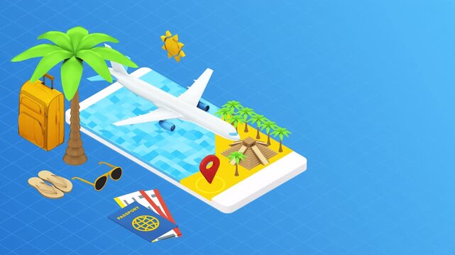 Isometric animation of a mobile travel booking app concept with plane and vacation items.