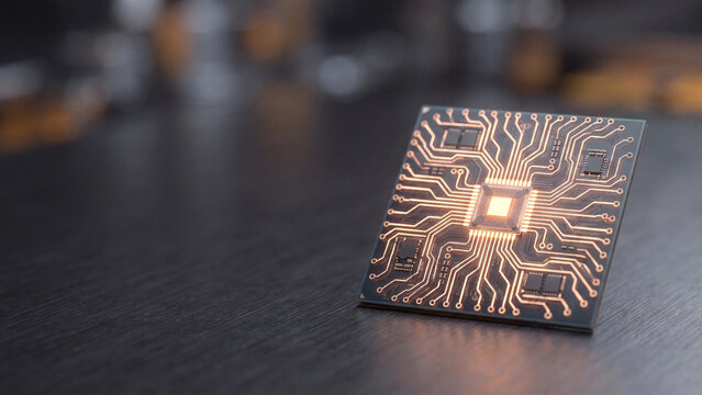 Microchip featuring intricate copper circuitry patterns rests on a dark metallic surface with blurred electronic background elements.