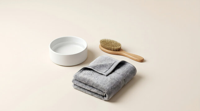 A folded grey cotton towel, a wooden bath brush with natural bristles, and a white ceramic bowl arranged on a solid light beige background