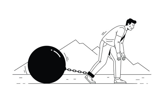 Struggle concept depicted by a black and white line drawing of a weary man pulling a massive metal ball on a chain.