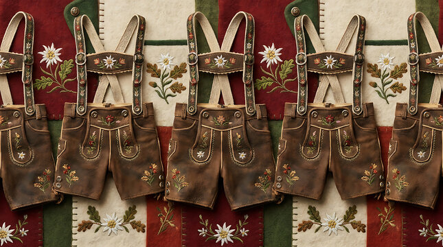 Seamless repeating pattern of traditional leather bavarian lederhosen shorts with floral edelweiss embroidery and suspenders on patch fabric.