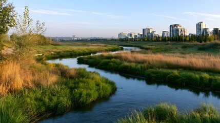 Naklejka premium A winding river flows through a lush green floodplain with tall grasses and distant modern buildings under a clear blue sky
