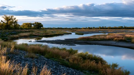 Naklejka premium A serene river meanders through a grassy floodplain under a partly cloudy sky at dawn or dusk