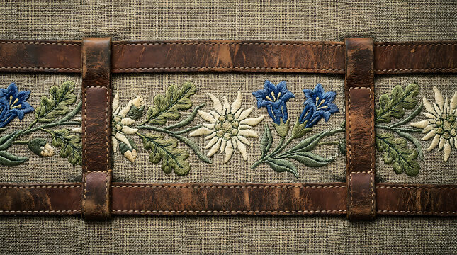 Detailed macro close up of a seamless leather border with embroidered alpine flowers edelweiss and blue gentian on linen fabric.