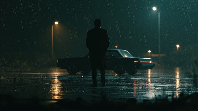 Man Silhouette Night Street Rain Car Cinematic Noir Dark Urban Mystery Dramatic Lonely Photography Scene