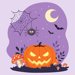Fototapeta premium Cute Halloween Spider with Web, Jack-o’-Lantern, Moon and Bats – Flat Vector Illustration
