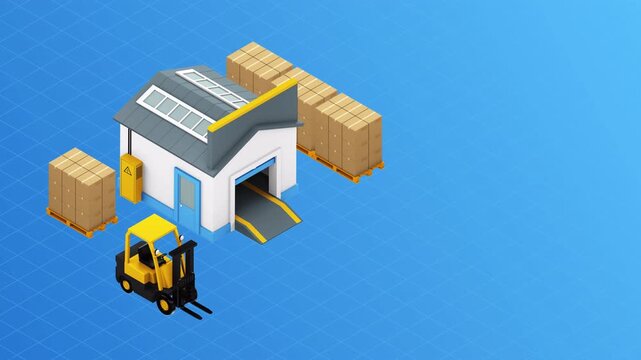 Isometric animation of a warehouse with a forklift moving pallets.