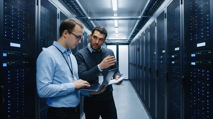 Fototapeta premium Two IT specialists work on a laptop in a modern data center server room