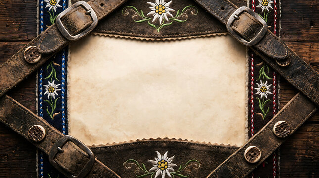 Rustic bavarian theme frame border made of embroidered leather straps, buckles, and edelweiss flowers surrounding vintage parchment paper for text.