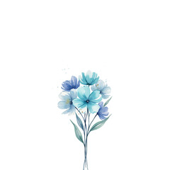 Fototapeta premium Watercolor bouquet of blue flowers with green leaves isolated on a transparent background