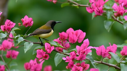 Naklejka premium A small bird with curved beak perched on a branch among bright pink flowers with green leaves in soft natural light