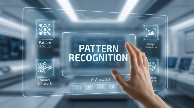 A human hand interacting with a futuristic digital interface displaying pattern recognition technology in a modern high tech laboratory