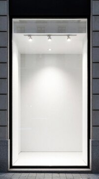 Minimalist empty storefront window with bright white interior lighting. Modern retail shop facade features clean glass display, spotlight illumination. Blank showroom space in urban city for luxury