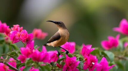 Naklejka premium A small bird with a curved beak perches delicately among bright pink flowers with soft green foliage in the background
