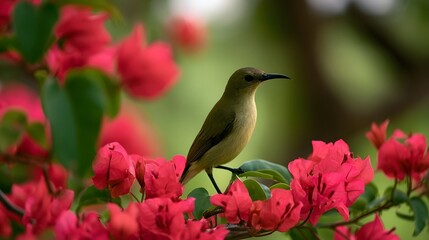Naklejka premium A small bird with curved beak perched among bright pink flowers with green leaves in soft background