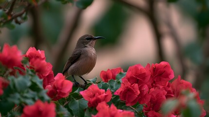 Naklejka premium A small brown bird with a curved beak perches among vibrant red flowers with green leaves in soft natural light
