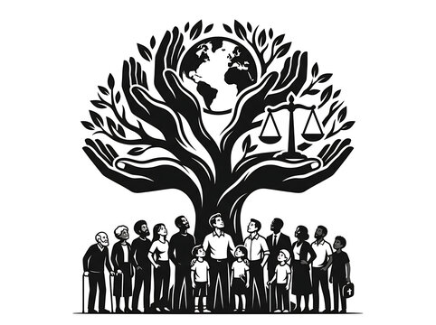 Justice tree and diverse people vector illustration