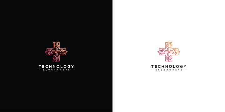 Abstract Technology Blockchain Cross Logo with Gradient Colors