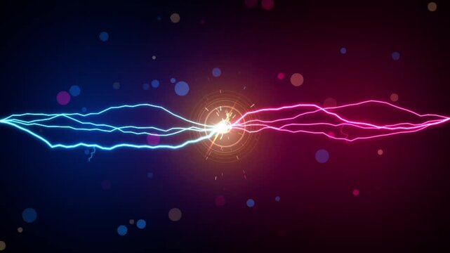 Neon blue and pink electric lightning clash with glowing energy particles abstract background electricity