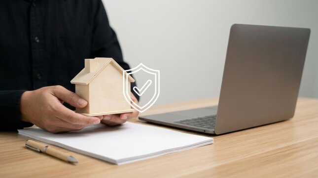 Professional holding wooden house model with shield icon overlay representing property insurance, home protection, and secure real estate investment at an office desk.