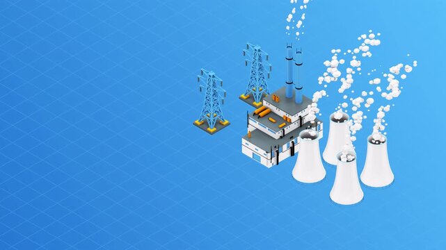 Isometric animation of industrial factory complex with smoking cooling towers and machinery.