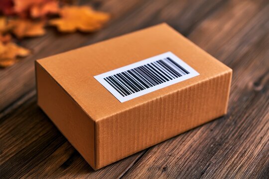 Cardboard box with barcode and autumn maple leaf on rustic wood