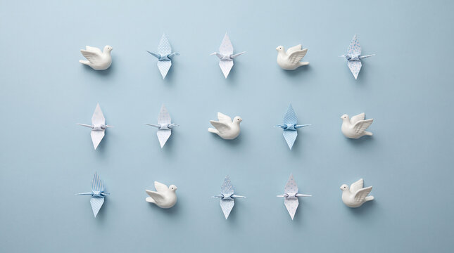 Minimalist paper crane and white porcelain dove pattern on blue backdrop.