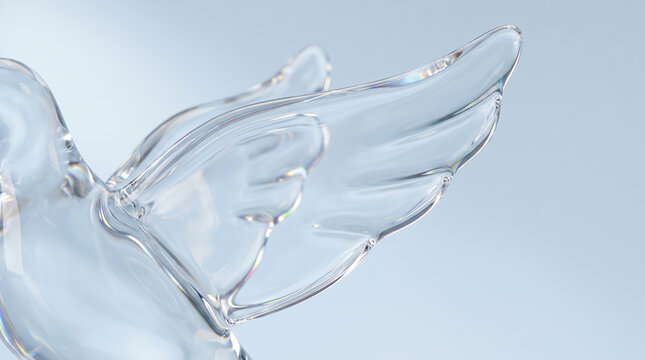 Close up glass dove sculpture capturing soft light on blue hazy background.